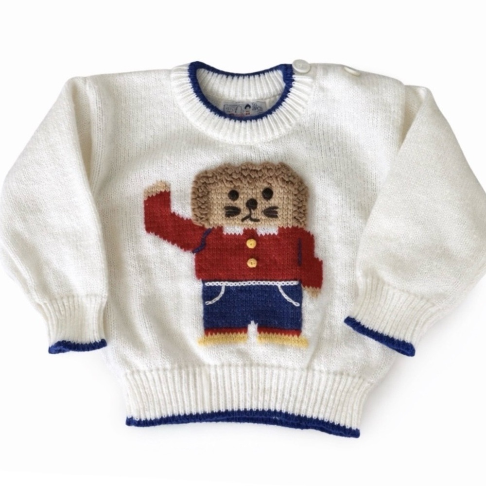 Vintage Buttons & Bows Teddy Bear Knit Sweater 18M Cream Graphic Pullover